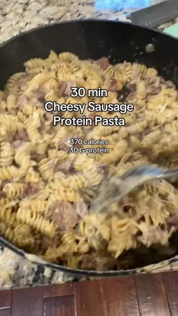 This cheesy sausage protein pasta was so yummy even my kids loved it! And it took 30 mins and 6 ingredients! #highproteinrecipe #proteinpasta #healthyrecipe #tiktokshopcreatorpicks #tiktokshopstockup 