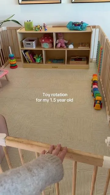 Toy rotations are the key to keeping her Montessori inspired play area fun and encouraging her to self play #toyrotation #livingroomplayspace #montessorishelf #toddlertoyfinds 
