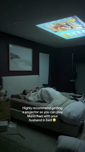 Our current bedtime routine is Mario Kart on the ceiling with our new projector 😌😂 #husbandwife #mariokart #marriage #marriagetok #mariokartswitch 