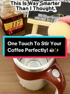 One Press Auto Stir Coffee Mug Caption: No more spoon, no more mess. Just one press to mix your coffee, milk, or protein shake perfectly. #SelfStirringMug #AutoStirMug #CoffeeHack #KitchenGadget #EasyLife
