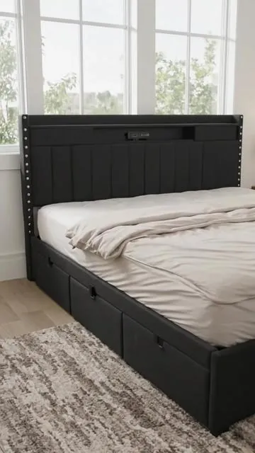 Transform your bedroom into an organized oasis with the TryLazy Bed Frame! 😴 This upholstered platform bed features a storage headboard and 4 spacious drawers, perfect for decluttering. Plus, stay charged with 2 USB and 1 Type-C charging ports built right in. No box spring needed, and assembly is super easy. Tap to shop and upgrade your sleep space! #fyp #bedframe #bedroomstorage #chargingports #AIGC #Moras
