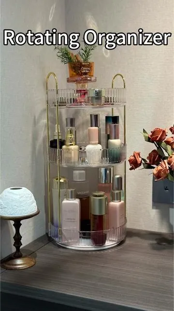 This rotating organizer is absolutely perfect for me! Placed in the corner of my desk, it totally elevates the vibe. #makeuporganizer #rotating #makeuporganization #corner #organizedhome 