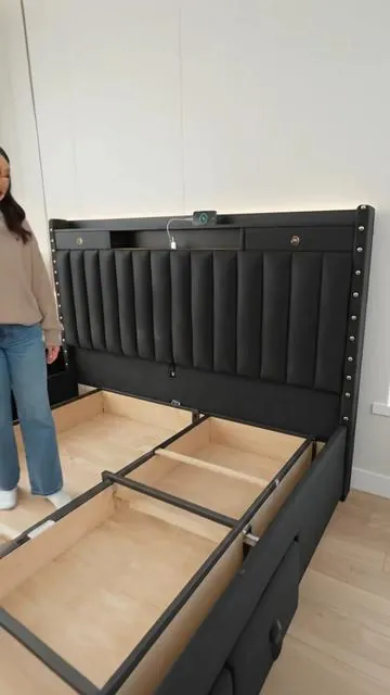 Level up your bedroom with the ultimate combo of smart storage and convenient charging! 🤩 This TryLazy bed frame features 4 spacious drawers to keep your space super tidy. Plus, with built-in USB and Type-C ports, your devices are always charged and ready. Enjoy the sleek upholstered design with a storage headboard, no box spring needed, and easy assembly. ✨ Tap to shop now! #bedframe #bedroomgoals #smartfurniture #easyliving #AIGC #Moras