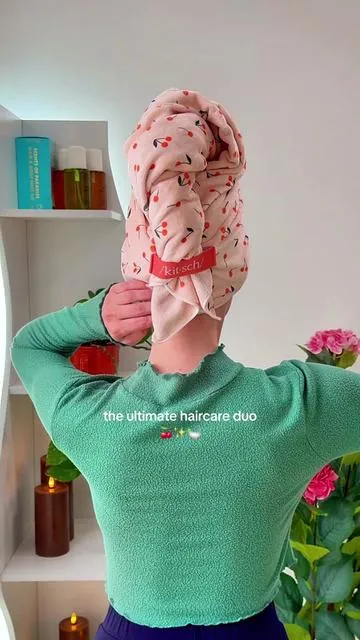 Luxury satin-lined shower cap + XL microfiber hair towel wrap 🍒 @Kitsch #kitsch #haircare #greenish #kitschsuperbrandday #tiktokshopspringglowup