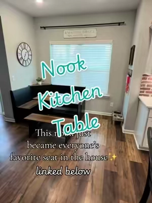 Wait til you see under the seat! Saves us so much space!! Love these colors, open storage & cute nook style table! #nook #table #kitchen #farmhousedecor 