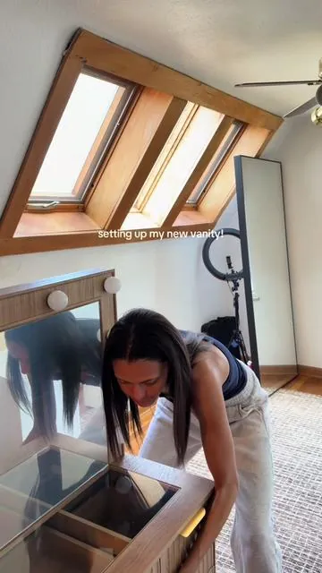 I love her 😌 #makeupvanity #vanitymirror #vanityorganization #vanitytour #homedecor makeup vanity with lights and drawer storage 