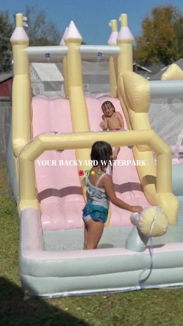 SUMME IS HERE AND MY KIDDOS ARE READY!  4 & 3 year olds enjoying their own backyard fun! No long waits. No long lines. A lot of water and unlimited snacks in the comfort of their home.  It comes with storage bag, blower, basketballs, rings for the toss, water hose attachment and stacks for the house and blower.  SNAG YOURS for your kiddos this summer! Grab yours with link below! ⬇️ 🔗🛒 #inflatable #bouncehouse #outdoorfun #waterslide #summerfunforkids 