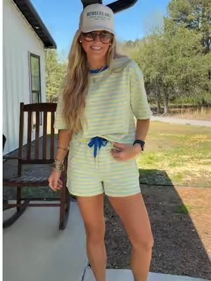 The cutest set for spring and summer! Just a psa my favorite striped matching short set is finally back in stock! #tiktokshopspringglowup #tiktokshopcreatorpicks #springootd #matchingloungeset #casualset 