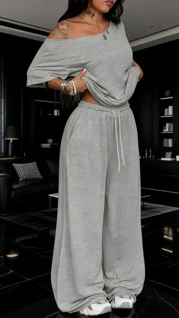 Oversized off-shoulder tee + wide leg pants set hits different 🤍 Effortless chic for lazy days and casual outings! #MatchingSet #OffShoulderStyle #WideLegVibes #LoungewearChic