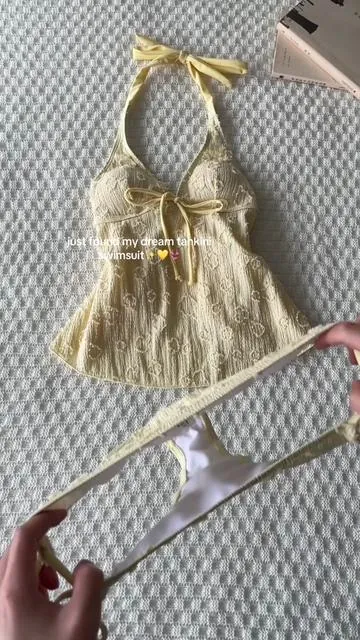 in the prettiest baby yellow gingham-#swimsuit #tankini #Summer #pinterestaesthetic #bikini