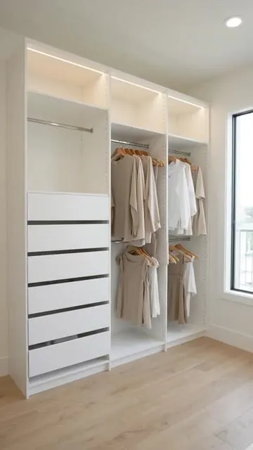 Ready to upgrade your space? Discover this adjustable closet system! ✨ Designed to fit spaces from 75'' to 115'' wide, it offers flexible storage for your wardrobe. Organize with ease using 4 wooden drawers and 4 hanging rods for all your clothes and accessories. This modern, sturdy organizer helps create a complete walk-in closet experience. Shop now and elevate your home organization! #closetsystem #homeorganization #wardrobestorage #modernhome #AIGC #Moras