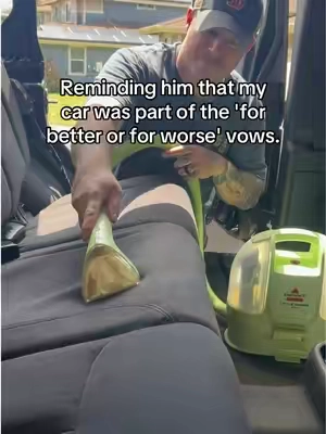 Proof that his actual love language is acts of service (and deep cleaning). I told him the car was "fine," but he saw one stain and it was game over. 🧼✨ Who else has a husband who gets hyper-fixated on a project?  #CleanTok #cleanwithme #deepclean #springclean #clean  Car seat cleaning. Car seat deep clean. Car cleaning. Upholstery cleaner. Little green machine. Satisfying deep clean. Husbands of TikTok. Marriage humor. 