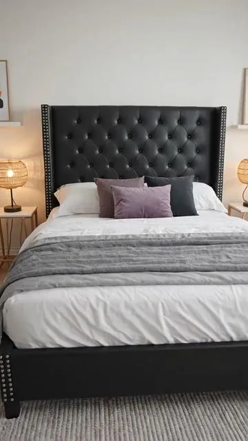 Give your bedroom a major upgrade! ✨ This Favorer Homer Tufted Wingback Bed is pure elegance. Featuring a stunning button headboard design and chic nailhead trim, it adds sophisticated style to any space. The upholstered panel provides comfort and a luxurious feel. Ready to transform your sleep sanctuary? Tap to shop this beautiful piece! #fyp #UpholsteredBed #WingbackBed #BedroomGoals #AIGC #Moras