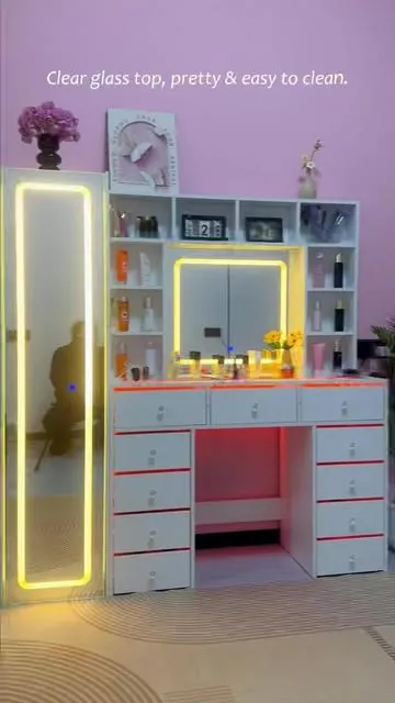 Clear glass top vanity that’s PRETTY & EASY TO CLEAN! ✨ Full-length LED mirror + 11 spacious drawers + open storage shelves + neon ambient lights. Store ALL your makeup, skincare & beauty essentials in style—turn your space into a luxury glam room instantly! A MUST-HAVE for every makeup lover, upgrade your beauty station NOW! #VanityGoals #MakeupVanity #LEDVanity #MakeupStorage #GlamRoom #BeautyRoom #MakeupOrganizer #BedroomEssentials #FullLengthMirrorVanity #GlassTopVanity #HomeDecor