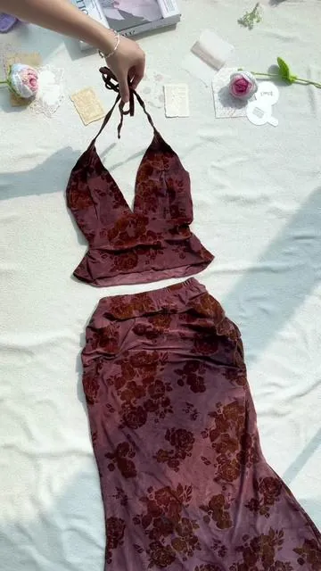 Vintage dark-patterned strap two-piece dress#womenwear #vintage #twopieceset #spotightfinds #casualdresses 