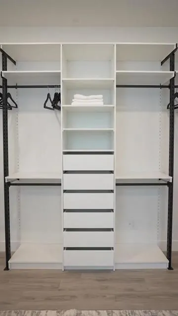 Revamp your closet with a system designed for ultimate organization! This adjustable organizer fits spaces from 75'' to 115'' wide, giving you flexible storage. Enjoy 4 sturdy hanging rods for all your clothes, plus 4 smooth wooden drawers and integrated shelves to keep everything tidy. Modern design meets durable build for a walk-in closet you'll love. Ready for a perfectly organized space? Tap to shop this sturdy, modern closet system now! #fyp #closetorganizer #homedecor #storagehacks #AIGC #Moras