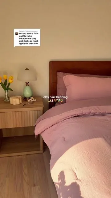 Replying to @Philecia no filter, just filmed during golden hour! Here’s some clips with less sun to show the color in different lighting! So much nicer in person than what the stock photo shows🫶 the perfect moody neutral clay pink! #bedding #comforterset #beddingset #bedroominspo #beddinginspo 