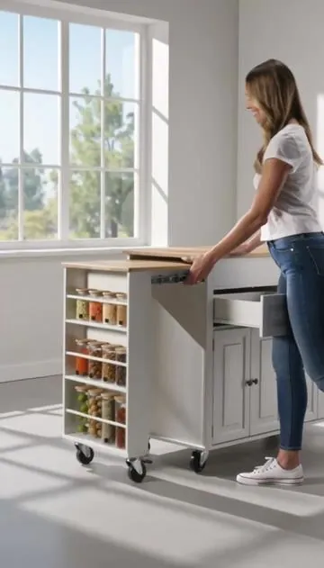 Maximize your kitchen space with this versatile extendable island! ✨ Easily adjust dining surface, perfect for everyday meals or entertaining. It features a convenient power outlet, two spacious storage drawers, and three rows of open shelves to keep essentials handy. The rolling design lets you move it where you need it. Choose from White, Black, Brown, or Blue! Tap to shop. #fyp #kitchenisland #extendabledining #kitchenstorage #AIGC #Moras