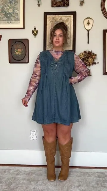 The cutiestttt little denim dress.  I’m a 14/16 and 5’4 wearing the xxl and I def could have gone with my true size xl. #denimdress #springoutfit #springfashion #curvyfashion #tiktokshopspringglowup 