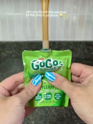 Pouches are convenient until they're not. This handy dandy gadget just saved me so much time in cleaning up explosions 💯 Now your kids can enjoy their favorite snack pouches without worrying about the mess that happens when they squeeze too hard.  #toddlersnack  #toddlersoftiktok  #toddlermom  #momhack #toddler 