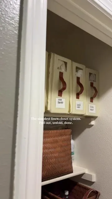 Each sheet set lives in its own labeled organizer, stands up right in the closet, and folds completely flat when empty. Finally a linen closet system simple enough to actually maintain. #linenclosetsystem #sheetorganizers #organizationtiktok #homeorganization #closetorganizer 