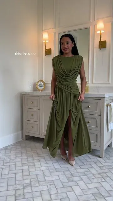 No words this dress is so perfect! 🌱 Size: small | 5”3 #maxidress #formaldress #affordablefashion #eveninggown #weddingguestdress 