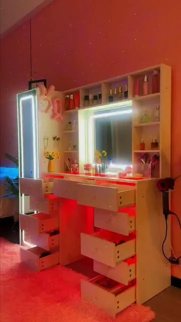 Massive lighted vanity with LED mirror & glowing drawers! All your makeup & skincare organized, perfect beauty room vibe ✨ #VanityTable #LightedVanity #MakeupStorage #BeautyRoom #LEDVanityMirror