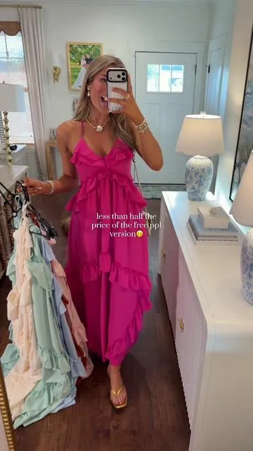 Finally restocked after 6 months😍Almost the same fabric composition too🤫🤫 SO pretty and all of the colors are stunning. Wearing size S! #vacationdress #weddingguestdress #boujeeonabudget #lookforless #affordablefashion 