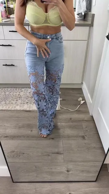 High waisted, super stretchy, soft, easy to wear jeans with great lace legs #lacejeans #denimjeans #highwaistedjeans #tiktokshopstockup #tiktokshopmothersday 