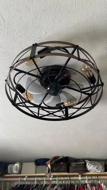 Farmhouse Flush Mount Caged Fan with Lights and remote. Bulbs not included. #ceilingfan #farmhousestylefan #tiktokshopcreatorpicks #tiktokshoprestock #tiktokshopstockup 