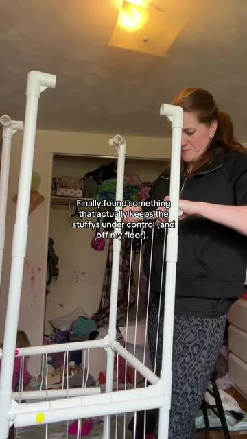 I was drowning in stuffys until I found this—now they’re contained and my sanity is back. Plus is was actually fun to put them away! #momlife #stuffedanimalzoo #stuffys #parentinghacks #toyorganization 
