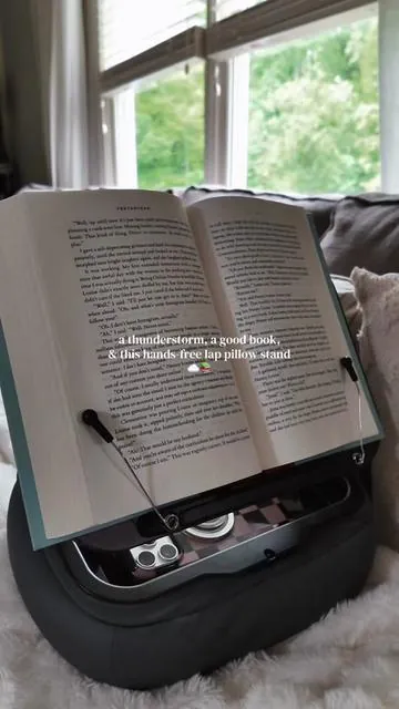 Adjustable lap book stand with storage that fixes neck strain, tired arms, and clutter while reading or working from bed. Hands-free reading just got smarter. 
