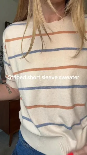 So great to dress both up and down!!! Love how versatile it is!! #stripedsweater #shortsleevesweater #officeoutfits #summertop #springtop 