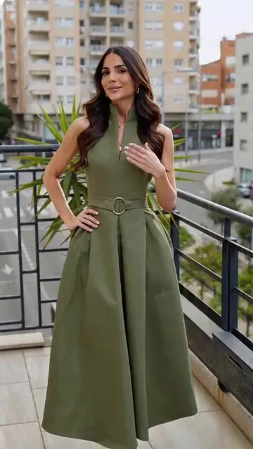 Vestido de fiesta elegante sin mangas, línea A, corbata en la cintura, escote en V, estilo urbano para usar diario #quincedress #findeañocontiktokshop🔥 #girlsfashion #curvyfashion #unisexfashion #fashionlatina #quinceañeradress #womenclothes #longdress #weddingdressshopping