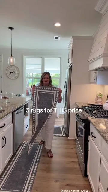 Such an easy way to refresh your kitchen or entryway without spending a fortune. These come as a set of three, they’re machine washable, and the nonslip backing actually stays put. Perfect for high-traffic areas! #kitchenrugs #homedecorfinds #tiktokshopfinds #rugs #washablerugs