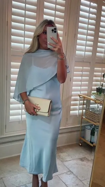 obsessed! #formaldress #weddingguestdress #prom #satindress #capedress 