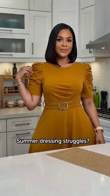 Summer Camel Bubble Sleeve Midi Dress, Slim-Fitting A-Line with Waist Belt, Chic Elegant Office Wear, Perfect for Church Weddings #maxidress #modestdress #loungedress #resortdresses #sleevelessdress #mididresses #wrapdress #cutedresses #girlsdress #bridefashion