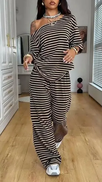 Striped Off-Shoulder Top & Wide Leg Pants Set #twopieceset #womenwear #casualoutfits #womenfashion #ootd #fyp #tiktokmademebuyit #tiktokshop #streetwear 
