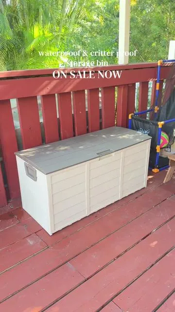 Outdoor storage that’s hard plastic, so no water gets inside & no critters can dig their way in! It’s sturdy & holds a ton!  #outdoorstorage #storagesolutions #waterproofstorage #critterproof #outdoorstoragesolutions 
