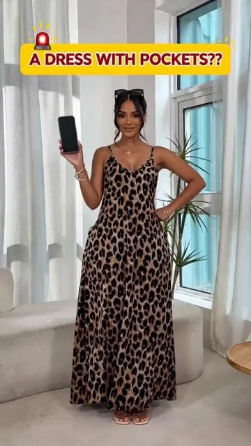 Summer Leopard Print Halter Dress, Long A-Line Maxi Dress, Casual V-Neck Dress with Pockets, Loose Fit Beach Dress, Ffsp063 #dressshop #maxidresses #plussizemilkmaiddress #plussizesummerfashion #swimsuitdress #leoparddenimdress #crochetmaxidress #floralmaxi #dressesonline #floralprintdress