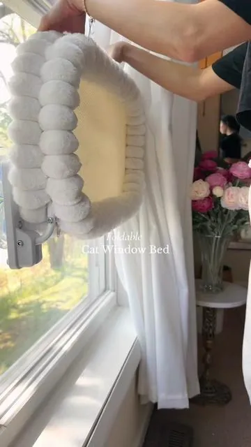 Design: foldable (90°) to save space when not in use.✨Features: a machine-washable plush cover and a sturdy metal frame.✨Reliability: Uses four strong suction cups that can support up to 40 lbs. #catsoftiktiok #cattok #petessentials #cathammock #catbed 