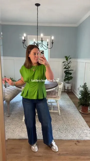 Love this green top! I might have to get all the colors🤩 #peplum #lookforless #peplumtop #pleatedtop 