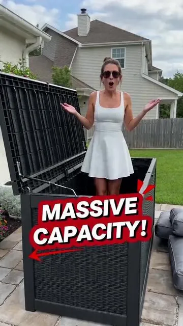 Newest **deck box** from **Flexi Spot** outdoor storage! This deck box holds up to **260 gallons** and works as a bench. The lid lifts up to reveal storage inside. Click the link below to check your **discount**! The link is below. Check it out!