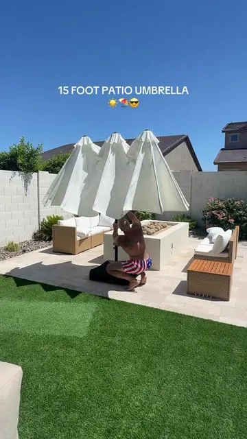 The biggest outdoor umbrella I’ve ever seen—so now we can actually enjoy our backyard without roasting! #summervibes @PhiVillaUS 