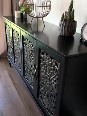 The value on this is amazing. Display your seasonal decor then store it right inside. Click the orange shipping cart link to see the measurements. #storagecabinet #sidetable #affordablefurniture 