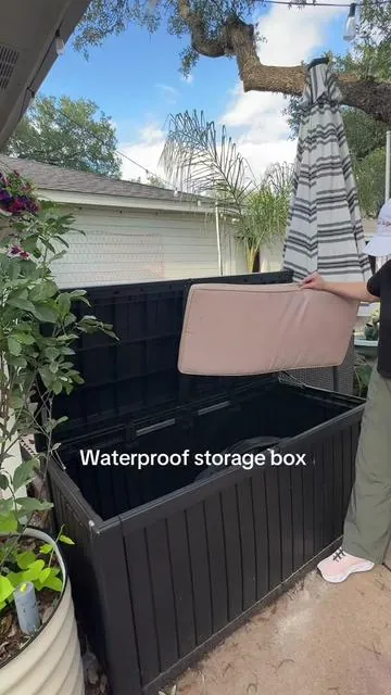 Huge  outdoor waterproof storage box this is perfect for our patio cushions and also use it in the backyard to store kids toys, pool toys and cushions!  #OutdoorStorageBox #StorageBox  #WaterproofStorageBox  #Weeklydeals #tiktokshopmemorialday            