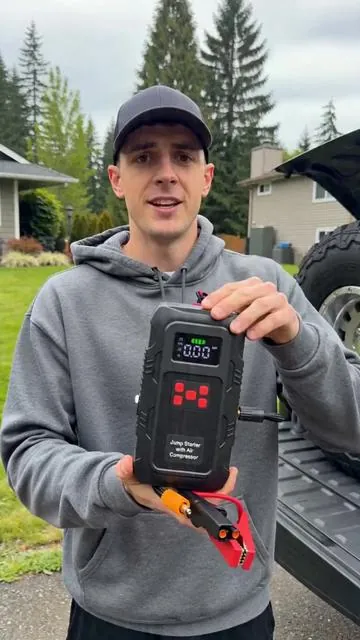 Check out this **awesome all-in-one tool**! It's a **jump starter**, **portable tire inflator**, **power bank**, and **LED light** all in one. You can even charge your devices with it. It's super versatile and compact. Don't miss out, **grab yours now**! #travelaccessories #electriccarjack #caraccessorymusthave #campingaccessories #garagemusthaves