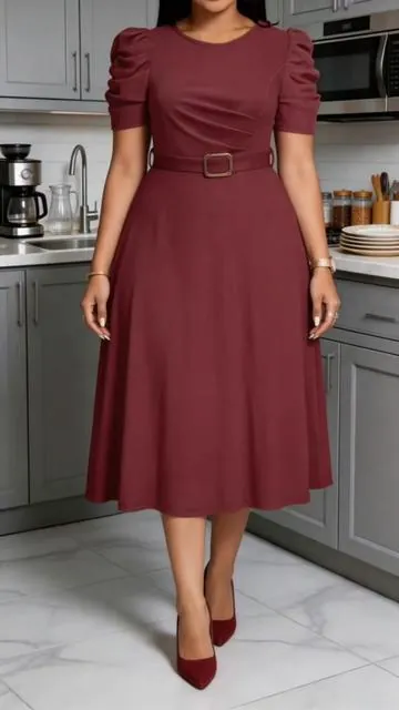 #OfficeChic #BeltedDress #PuffSleeveStyle #CurvyFriendly