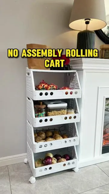 Simplify messy spaces with this no-assembly rotating storage cart that fits anywhere and keeps items fresh.#homeessentials #4thofjuly #organization #storagehacks 