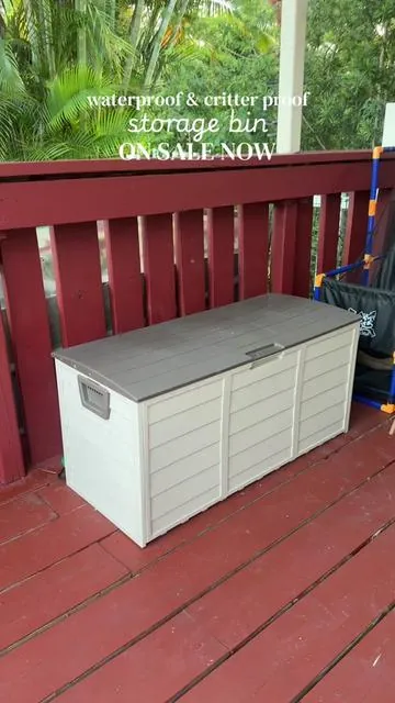Outdoor storage that's hard plastic, so no water gets inside & no critters can dig their way in! It's sturdy & holds a ton! #outdoorstorage #storagesolutions #waterproofstorage #critterproof #outdoorstoragesolutions